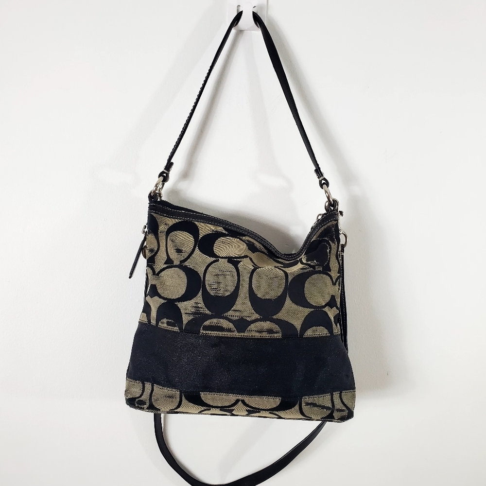 COACH Signature F13674 Black & Tan Shoulder Crossbody Canvas Purse Handbag